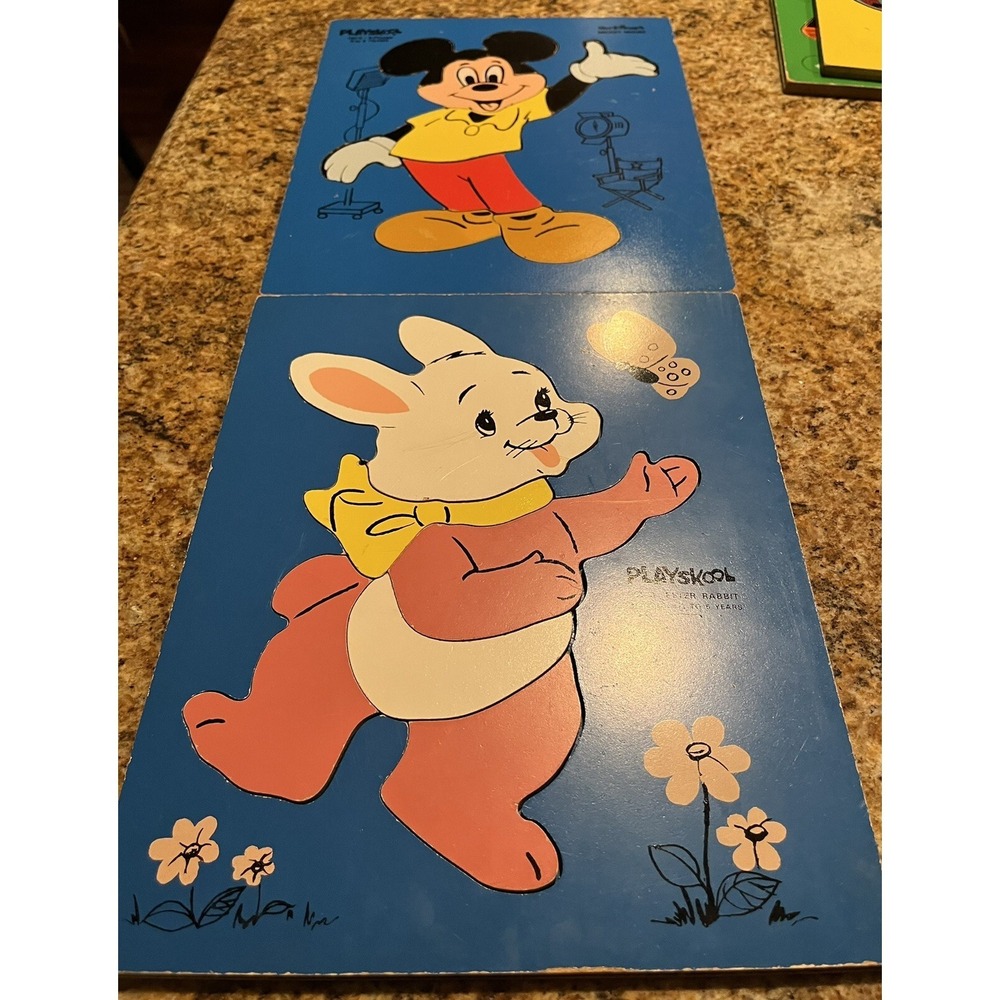 VTG Playskool Wooden Puzzles Mickey Mouse & Peter Rabbit 1970's Young Child